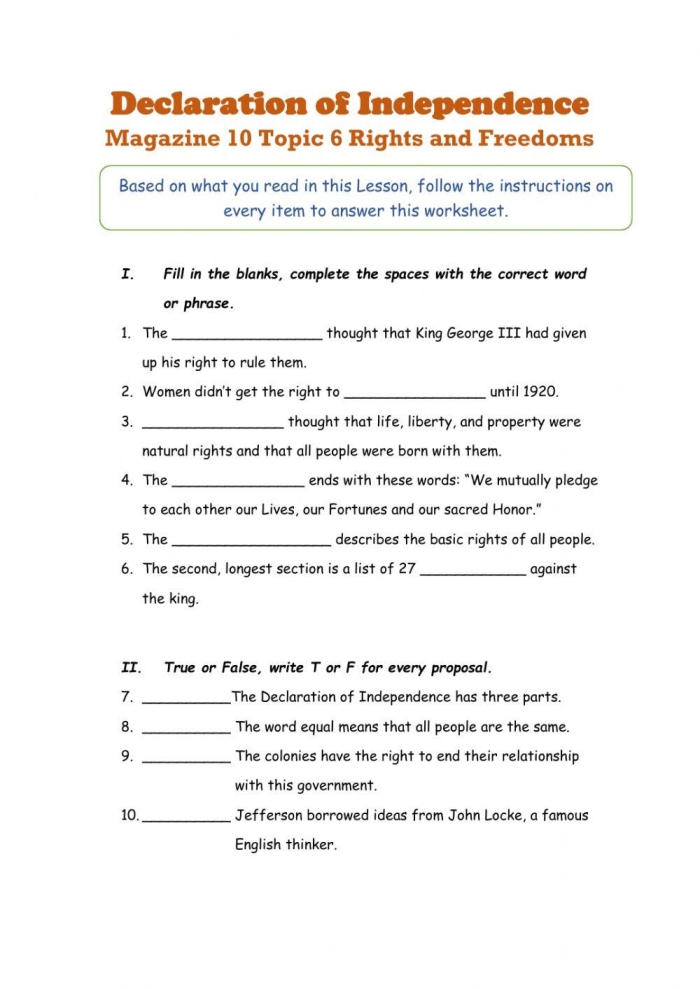 Engaging activity to simplify the Declaration of Independence language Worksheet for paraphrasing the Declaration of Independence for fifth graders