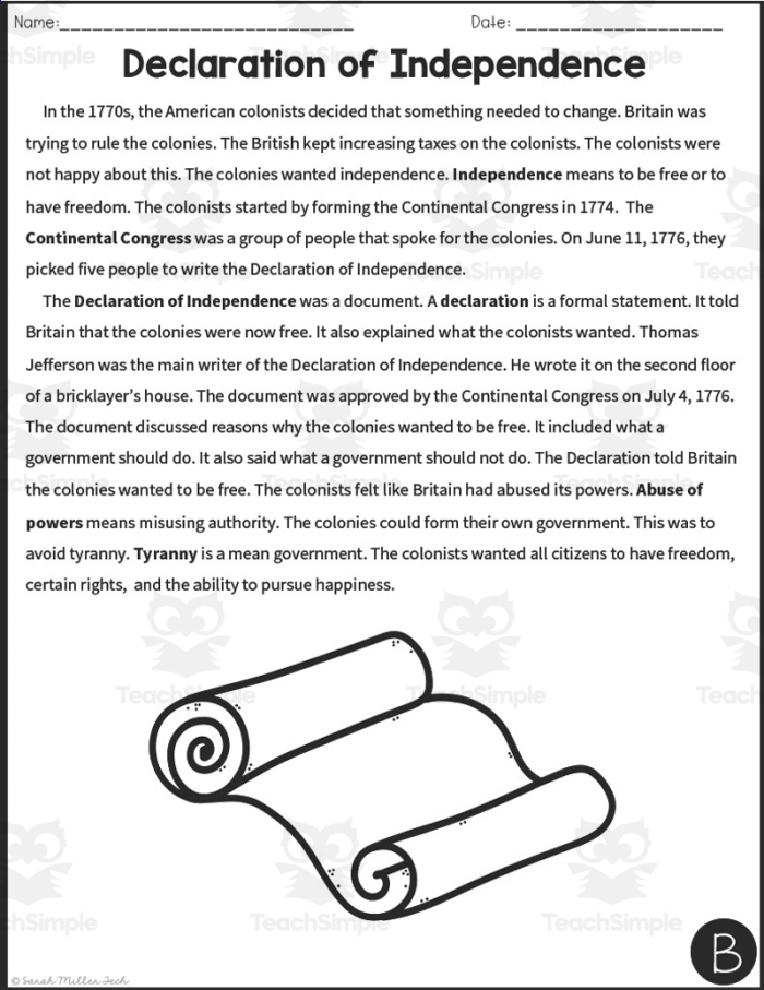 Engaging activity to simplify the language of the Declaration of Independence Worksheet for paraphrasing the Declaration of Independence for fifth graders
