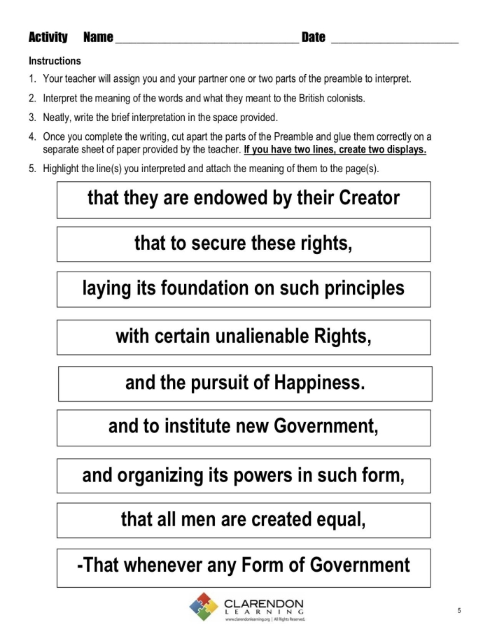 Engaging exercise to simplify the language of the Declaration of Independence Worksheet activity for paraphrasing the Declaration of Independence for fifth graders