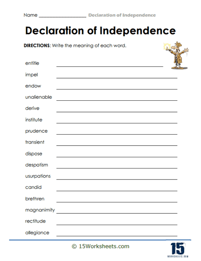 Worksheet on simplifying the language of the Declaration of Independence Paraphrasing activity for understanding the Declaration of Independence for fifth graders