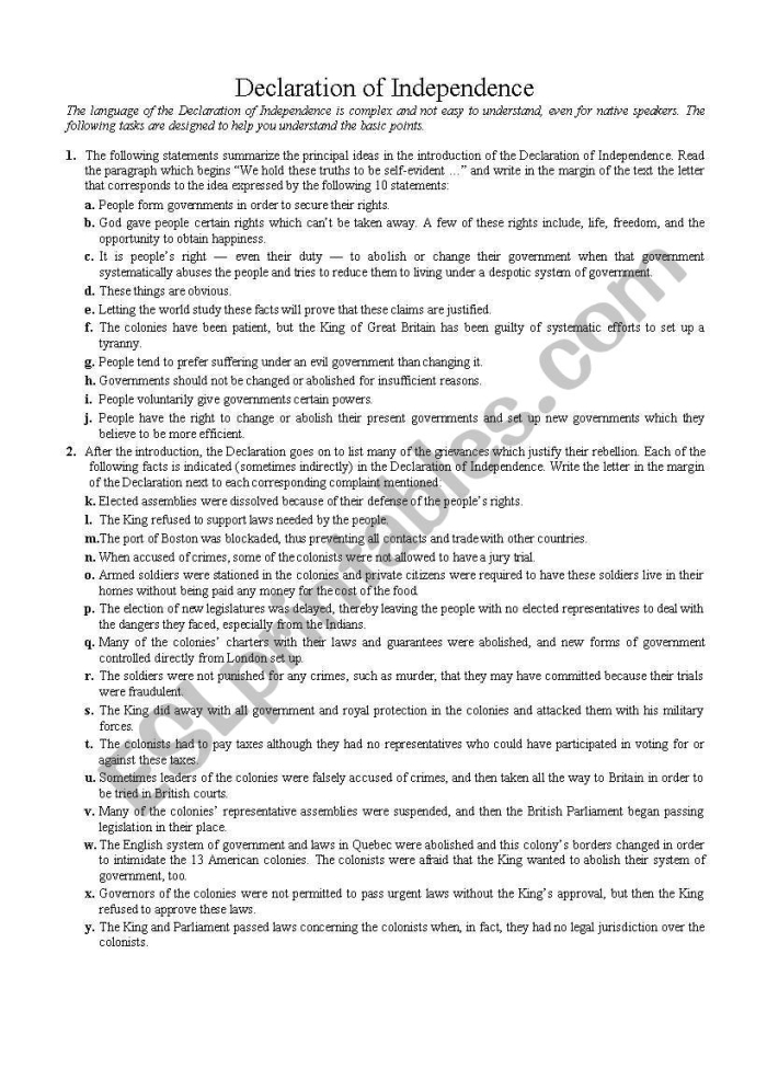 Worksheet for simplifying the language of the Declaration of Independence Paraphrasing activity for understanding the Declaration of Independence for fifth graders