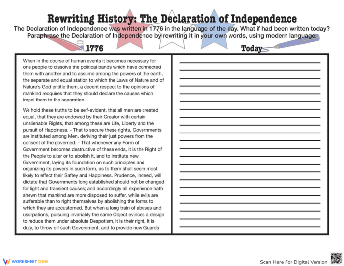 Engaging activity to simplify the Declaration of Independence language Worksheet for paraphrasing the Declaration of Independence for fifth graders