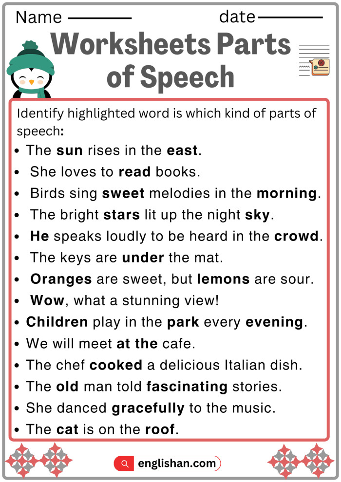 Fifth grade student completing a parts of speech assessment worksheet