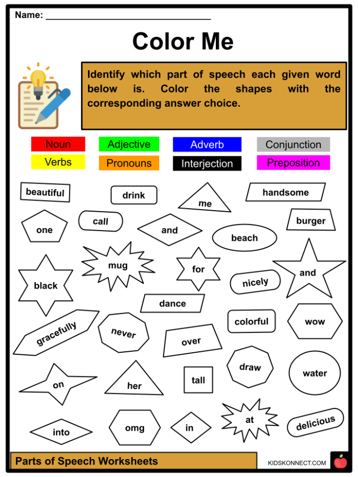 Fifth grade student completing a parts of speech assessment worksheet