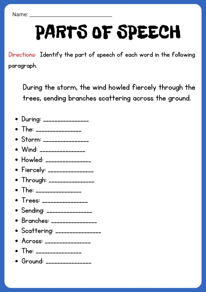 Fifth grade parts of speech assessment worksheet with exercises to test student knowledge of nouns verbs and adjectives