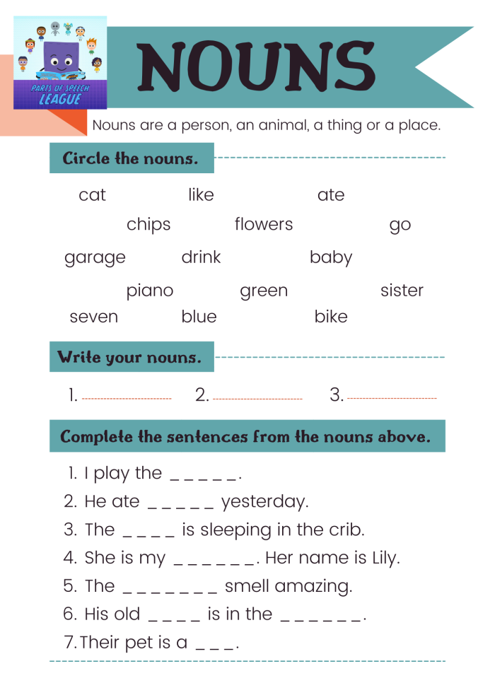 Fifth grade parts of speech assessment worksheet with fill-in-the-blank exercises for nouns, verbs, adjectives, and adverbs