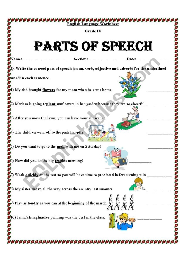 Fifth grade student completing a Show What You Know About Parts of Speech grammar worksheet