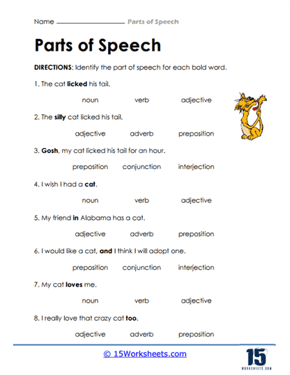 Fifth grade parts of speech practice worksheet eighteen