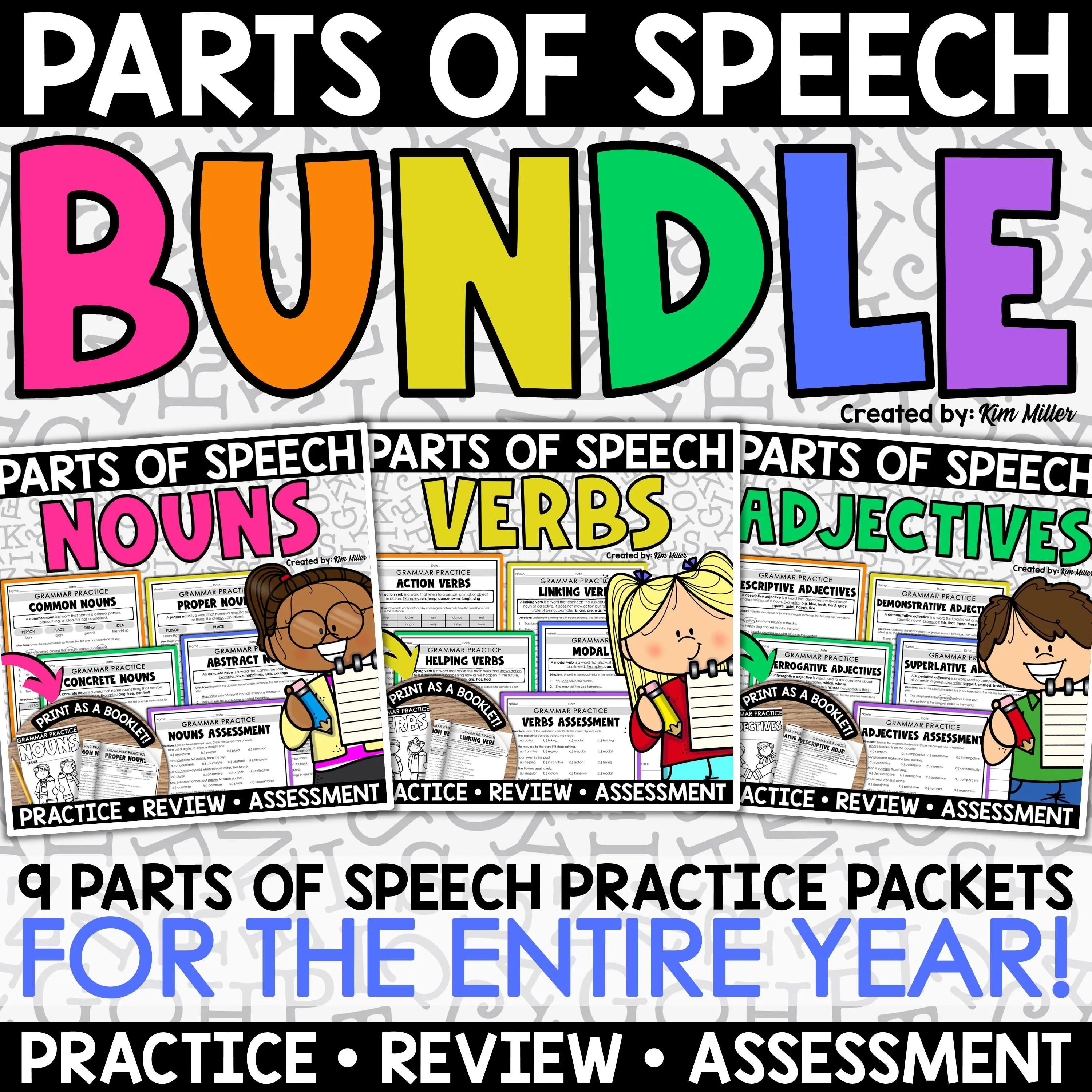 Fifth grade students practicing nouns verbs and adjectives on a parts of speech worksheet