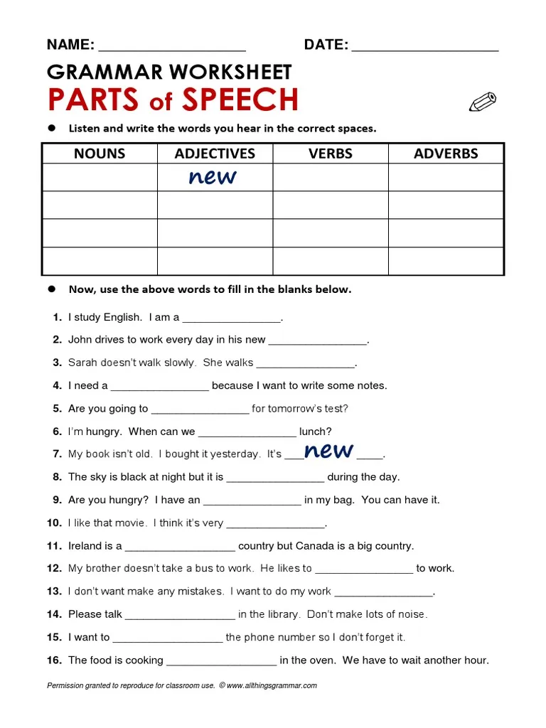 Fifth grade grammar worksheet for identifying nouns, verbs, adjectives, and other parts of speech