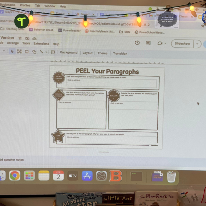 Fifth grade PEEL paragraph graphic organizer worksheet showing Point, Evidence, Explanation, and Link sections for structured paragraph writing