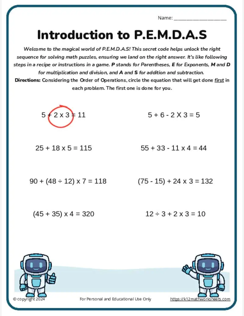 Order of Operations PEMDAS worksheet for fifth-grade math practice