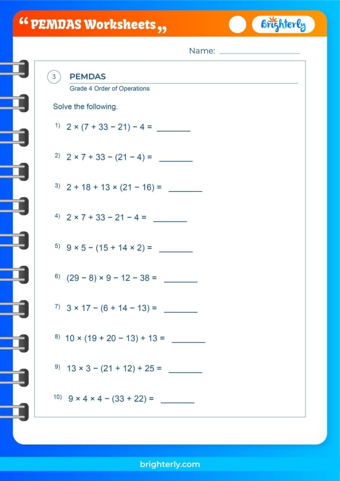 Order of Operations PEMDAS worksheet for fifth graders practicing mixed operations