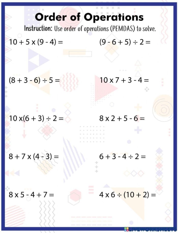 Fifth grade math worksheet featuring PEMDAS problems for practicing order of operations