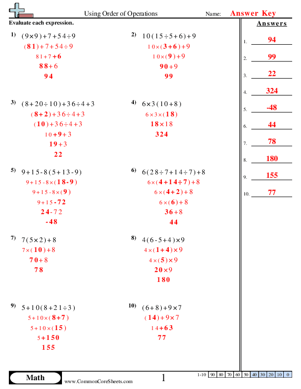 Fifth grade math worksheet focused on solving expressions using the PEMDAS order of operations rule 10