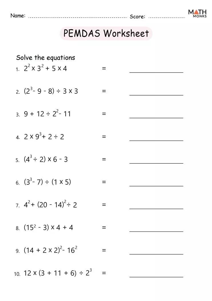 PEMDAS worksheet for fifth graders focusing on the order of operations