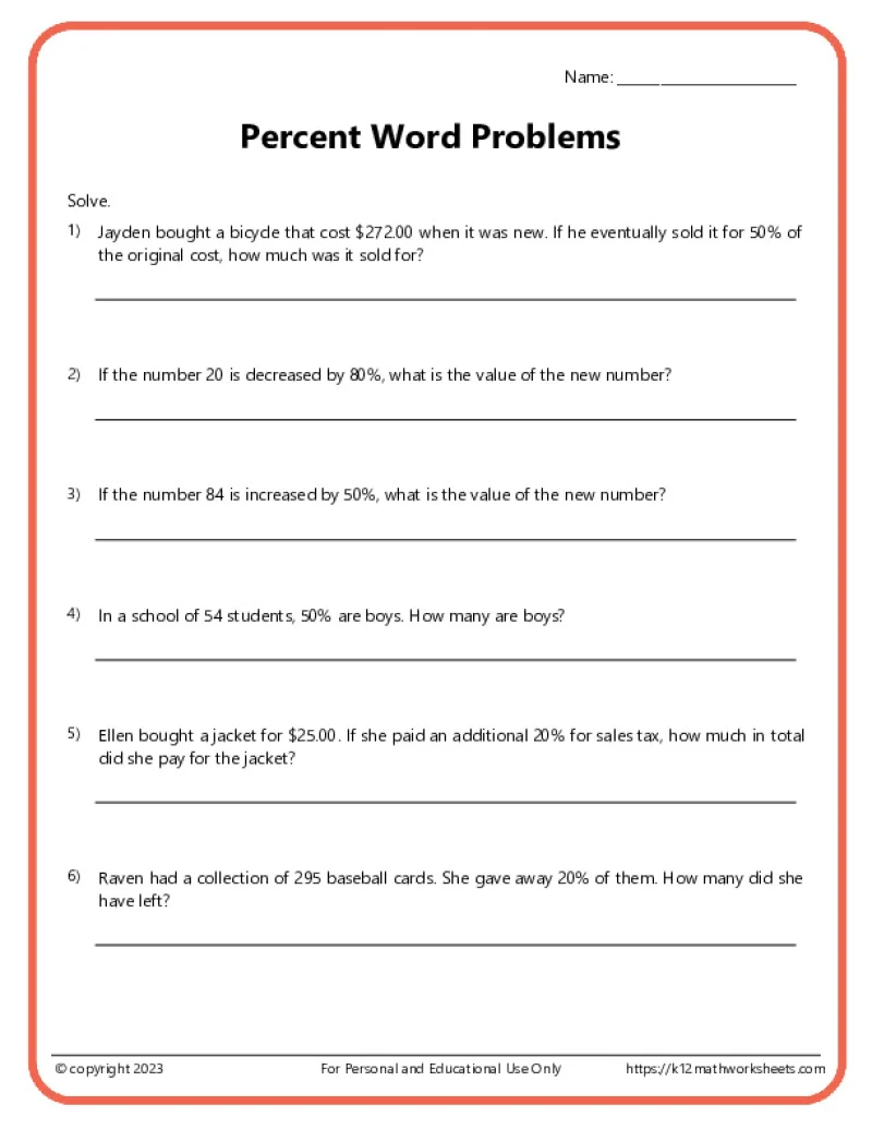 Writing worksheet for Fifth Grade Percentage word problems worksheet for fifth graders focusing on real-life consumer math scenarios. Engaging activities to help children learn about percentages through practical examples.