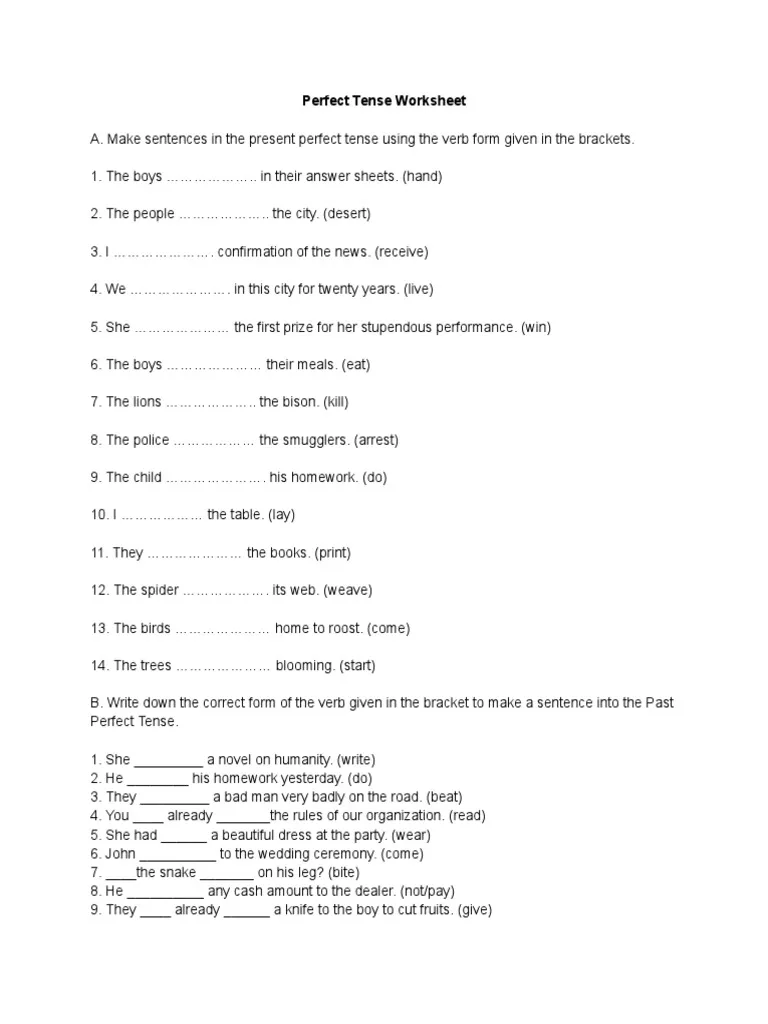 Perfect Verb Tense worksheet for mastering grammar skills Fifth-grade students exploring perfect verb tenses in a fun worksheet