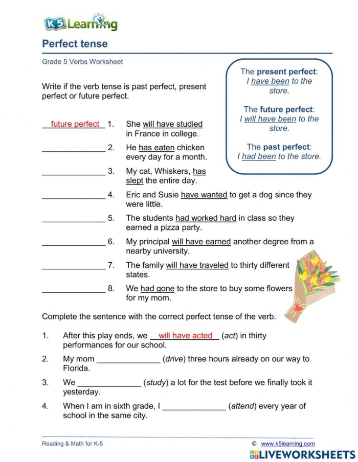 Engaging visual for mastering perfect verb tenses in Earth and Space Science Perfect Verb Tense worksheet for fifth graders exploring grammar concepts