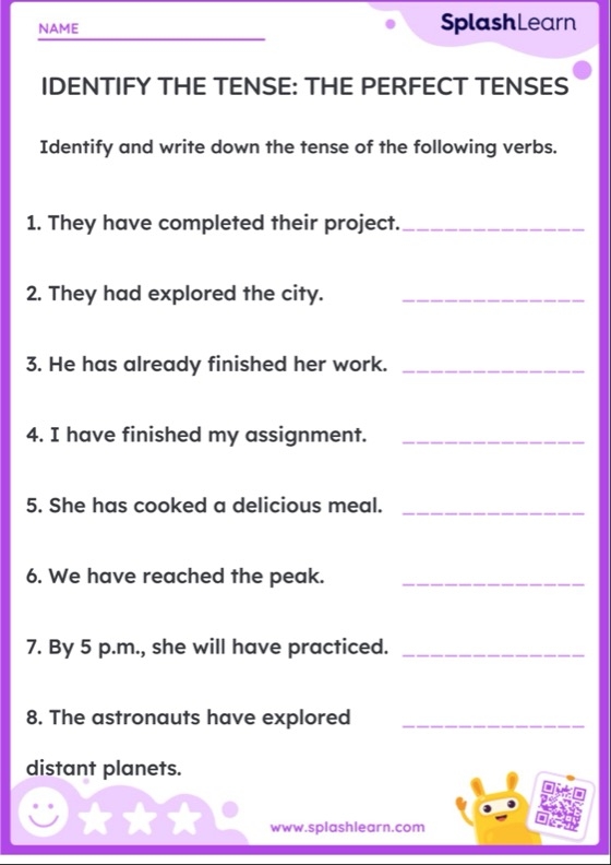 Worksheet for mastering perfect verb tenses in fifth-grade grammar lessons Fifth-grade students practicing perfect verb tenses on a grammar worksheet