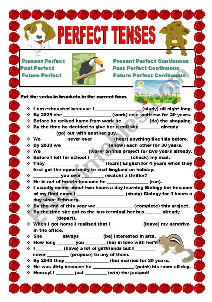 Illustration of a fifth-grade grammar worksheet focused on practicing perfect tense verbs Perfect Verb Tenses worksheet designed for fifth graders to enhance grammar skills