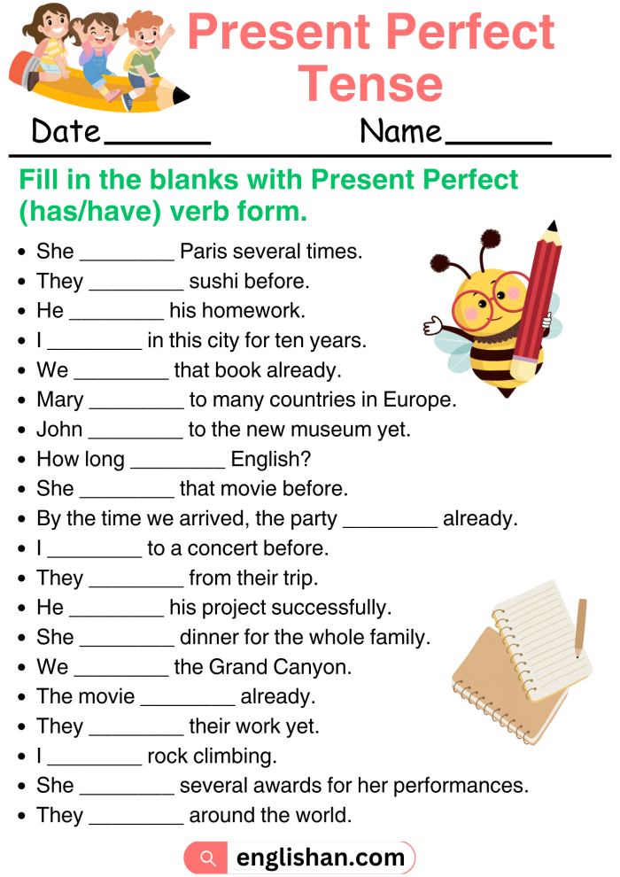 Form Perfect Verb Tenses Worksheet for Grade 5 Grammar Practice Worksheet featuring perfect verb tenses for fifth graders to complete sentences