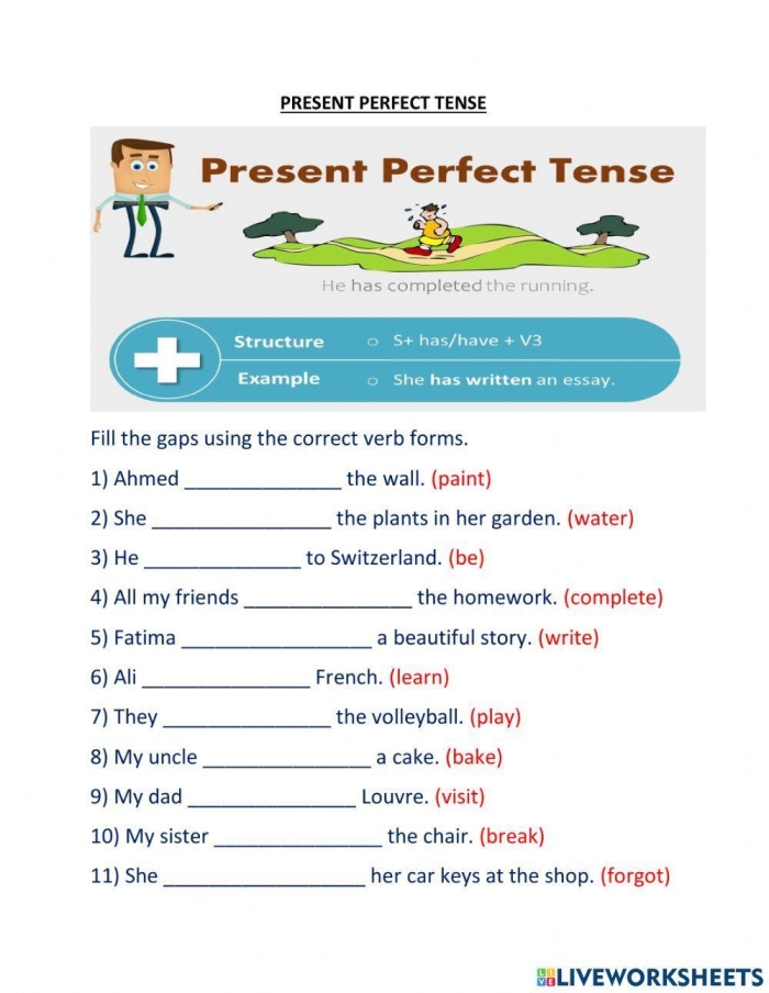 Form Perfect Verb Tenses worksheet for grade 5 students Fifth-grade worksheet for practicing perfect verb tenses in sentences