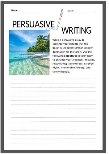 On Demand Writing: Persuasive Essay Worksheet for Fifth Grade Detailed worksheet for fifth graders on planning and writing persuasive essays