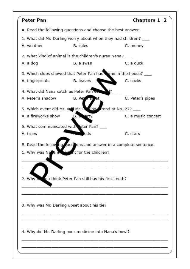 Peter Pan Reading Exercise Five: Comprehension Questions for Fifth Grade Learners Fifth grade students completing reading comprehension questions about Peter Pan with focus on syllable patterns and text interpretation