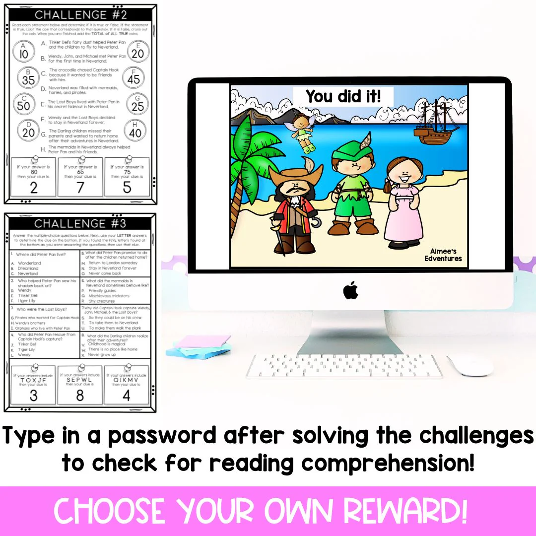 Peter Pan Reading Comprehension Exercise for Fifth Grade Learners Fifth grade students answering comprehension questions about Peter Pan with a focus on syllable patterns and text understanding