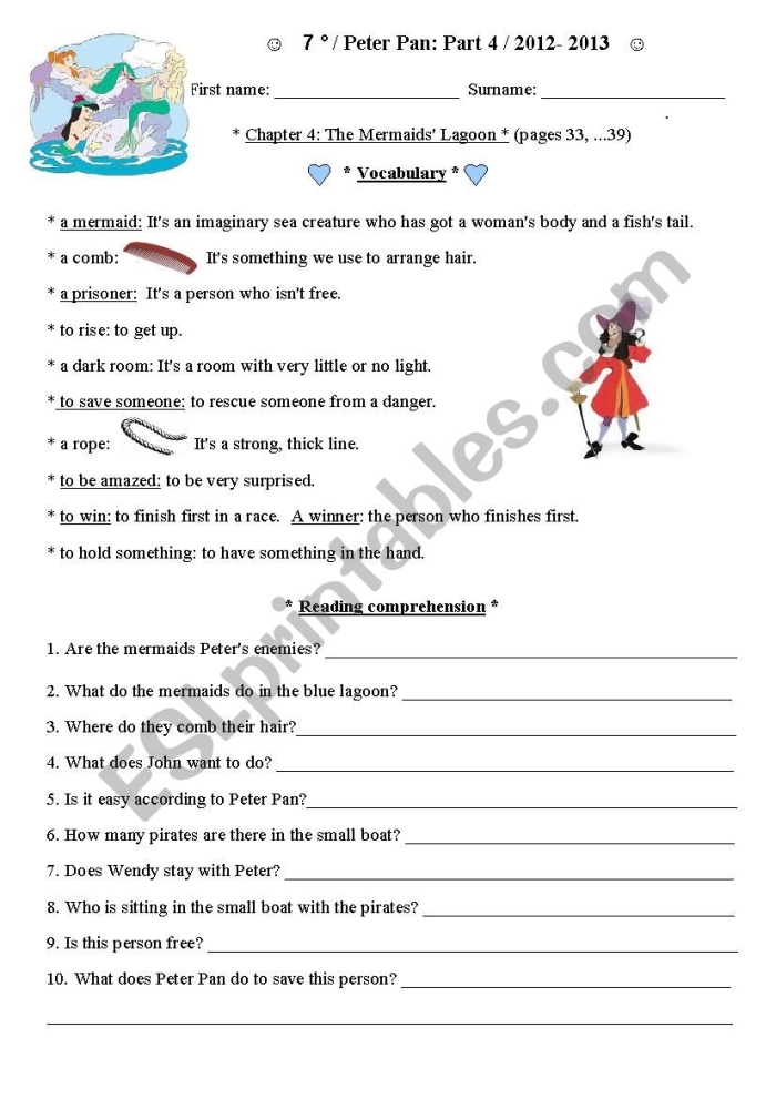 Peter Pan Reading Exercise 25: Comprehension Questions for Fifth Grade Learners Fifth grade students completing reading comprehension questions about Peter Pan with focus on syllable patterns and text analysis
