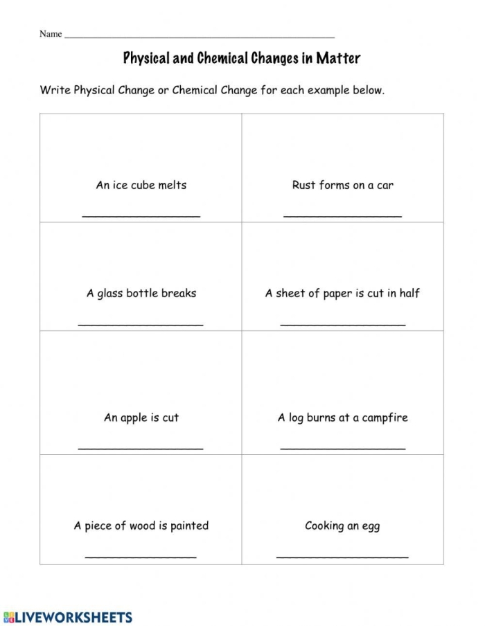 Visual guide to understanding molecular changes in physical and chemical reactions Worksheet illustrating the contrast between physical and chemical changes for fifth graders