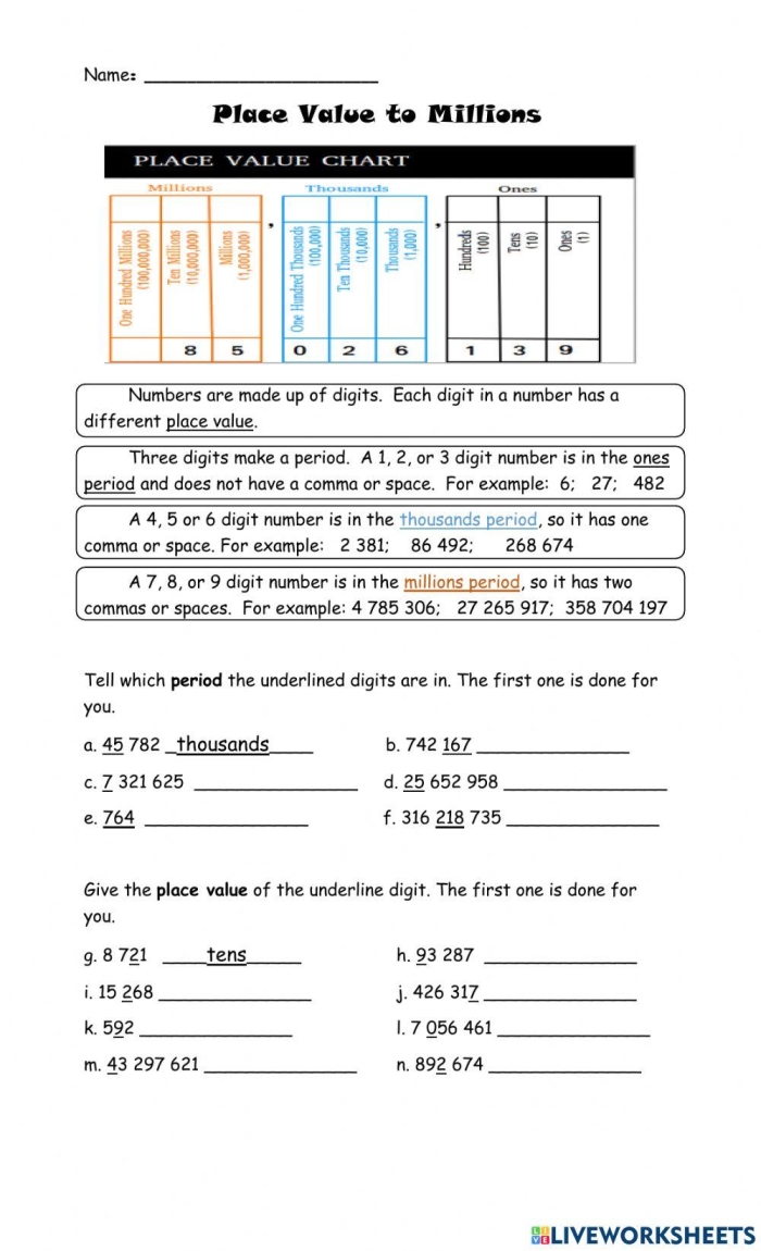 Fifth grade students using a place value chart worksheet to decompose numbers up to the millions
