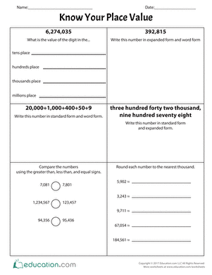 Worksheet image for practicing place value concepts in fifth grade Fifth-grade students working on a Know Your Place Value worksheet for millions place practice