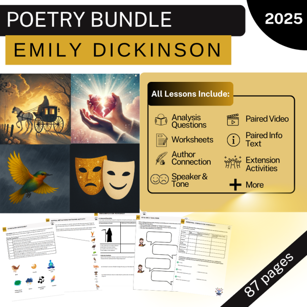 Fifth grade Spanish worksheet featuring a poetry analysis exercise on Hope is the thing with feathers by Emily Dickinson