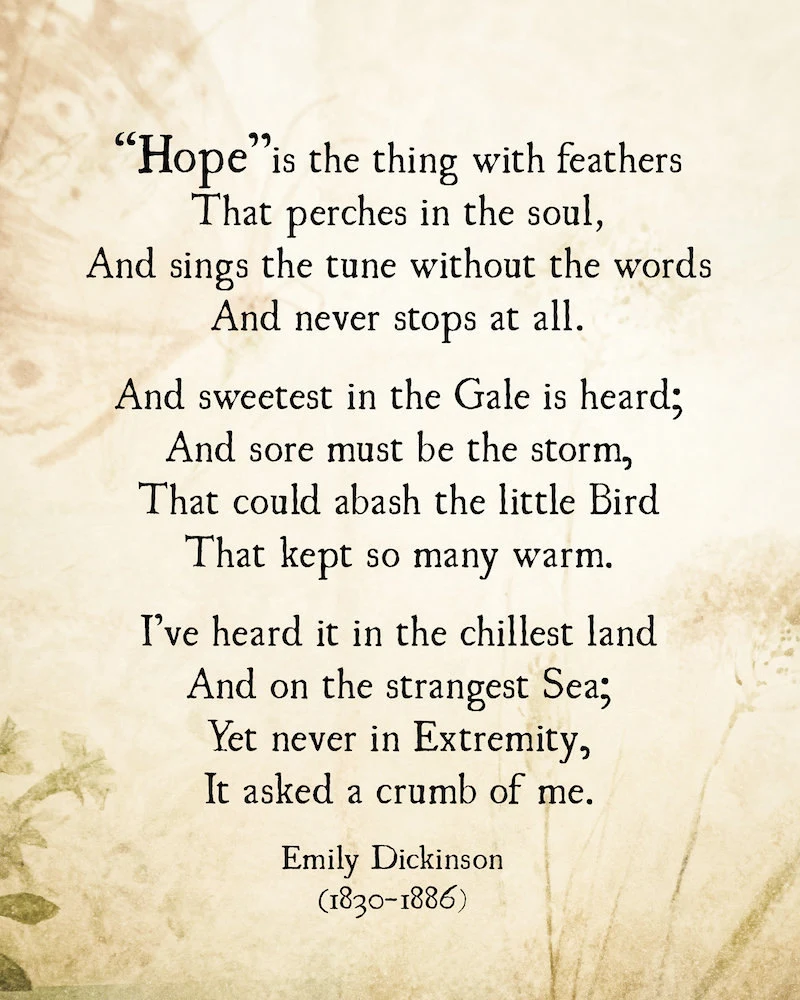 Spanish fifth grade worksheet for analyzing Hope is the thing with feathers by Emily Dickinson