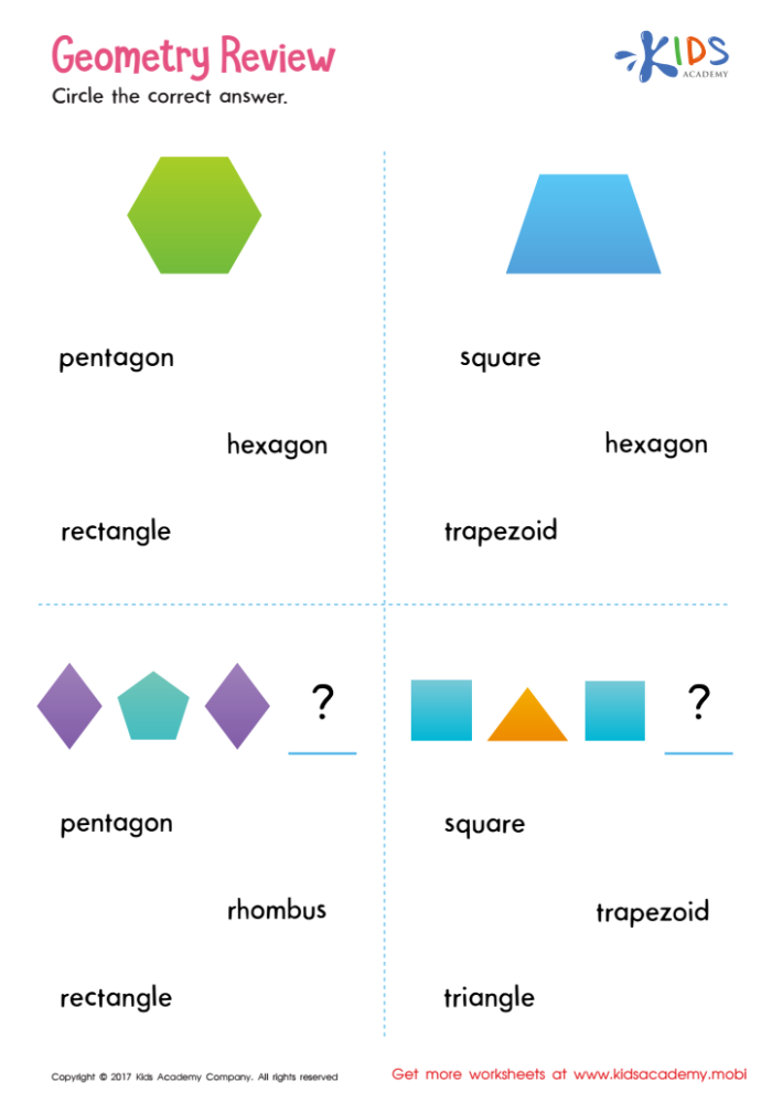 Image depicting a geometry assessment worksheet for integers and rational numbers in fifth grade Worksheet featuring a Mixed Geometry Review for fifth graders focusing on polygons and coordinate planes