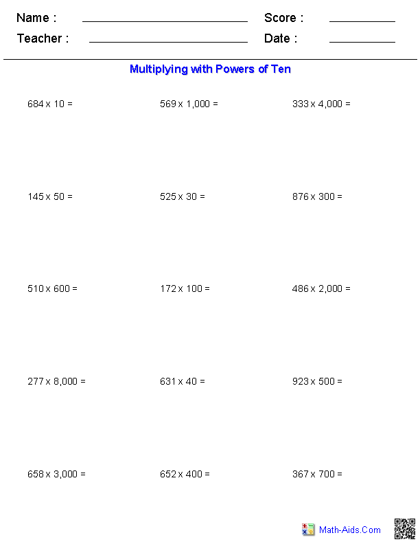 Powers of 10 Multiplication Rules and Practice Problems for Elementary Math Fifth grade math worksheet showing examples of multiplying whole numbers and decimals by powers of 10 with visual place value demonstrations