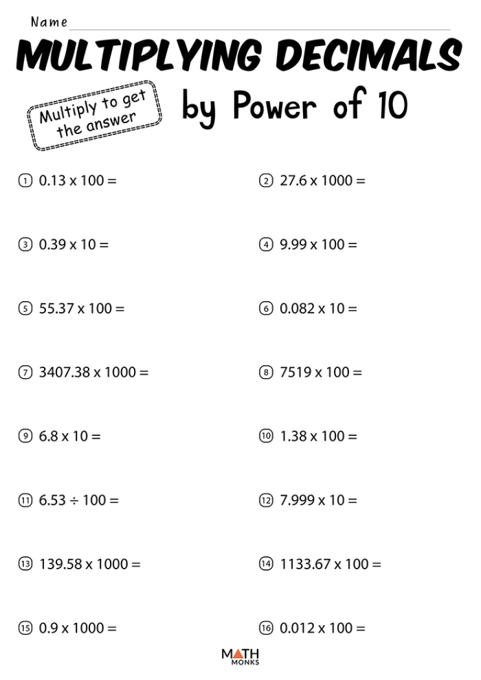 Multiplying Whole Numbers and Decimals by Powers of 10 Practice Problems Fifth grade math worksheet showing multiplication problems with powers of 10 for whole numbers and decimals with answer key