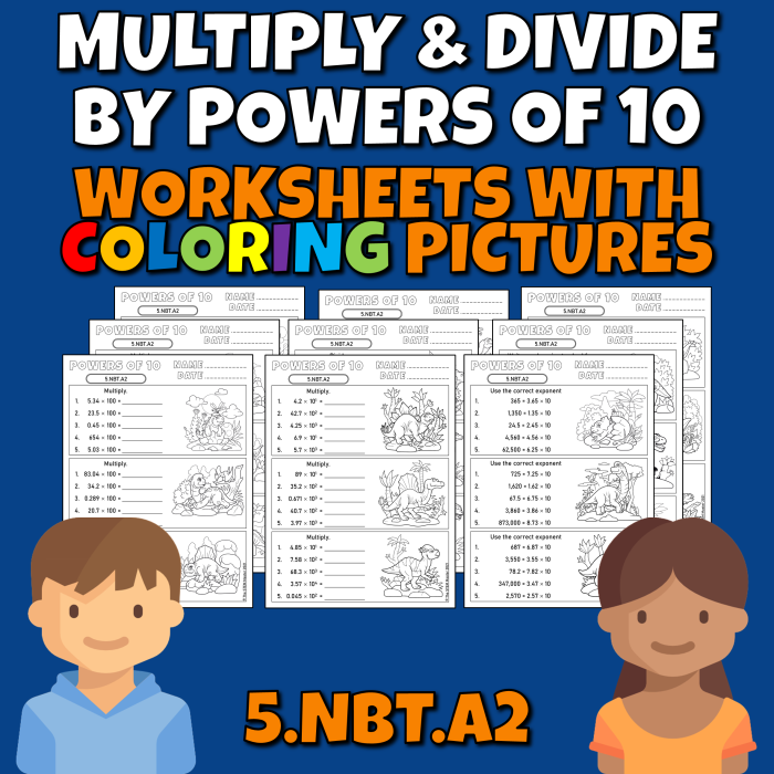 Worksheet for practicing multiplication and division with powers of 10 for fifth graders