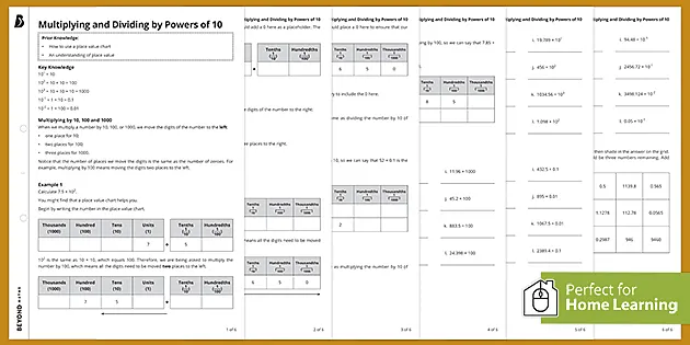 Fifth grade math worksheet featuring multiplication and division problems using powers of 10 and decimals