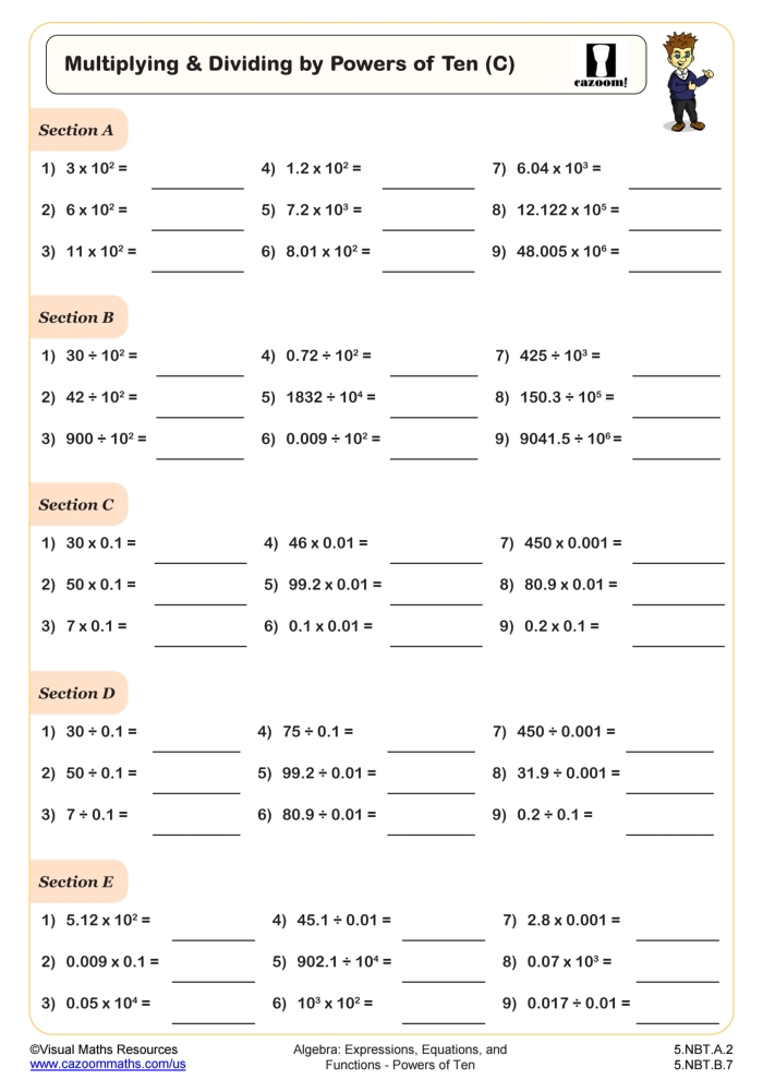 Worksheet featuring multiplication and division problems with powers of 10 for fifth graders