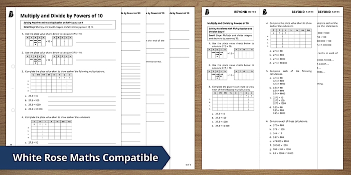 Worksheet for fifth graders to practice multiplying and dividing with powers of 10, featuring decimals and exponents. Educational resource to enhance students' understanding of powers of 10 in math.