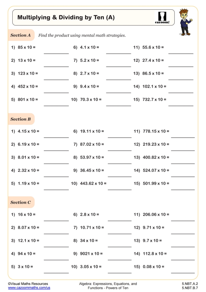Fifth grade math worksheet featuring multiplication and division problems involving powers of 10 and decimals