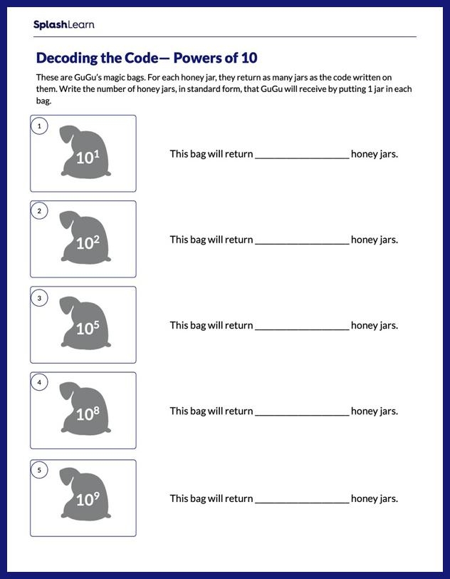 A colorful math worksheet for fifth graders explaining how to multiply and divide numbers by powers of ten