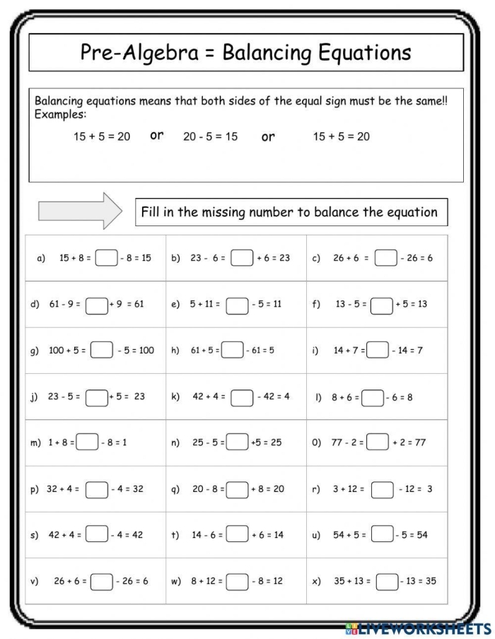 Fall themed pre-algebra equations worksheet for fifth grade students 16 Fifth grade math worksheet featuring pre-algebra equations decorated with autumn pumpkins and fall foliage for image 16