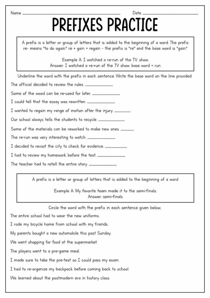 Practice worksheet focusing on roots, prefixes, and suffixes for fifth graders