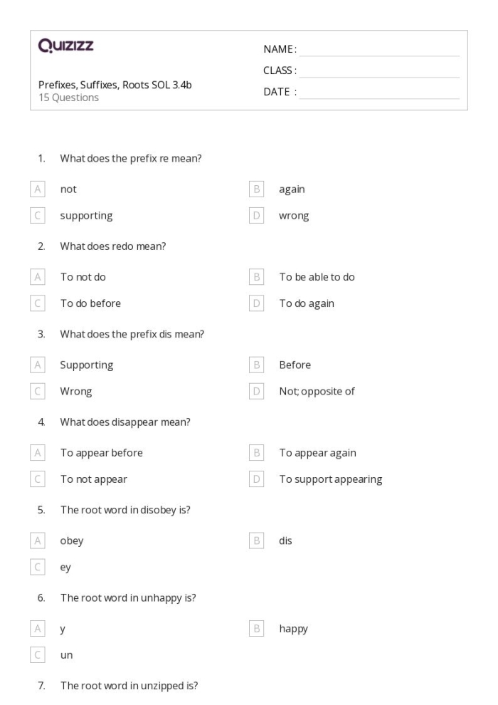 Worksheet for practicing roots, prefixes, and suffixes in phonics for fifth graders