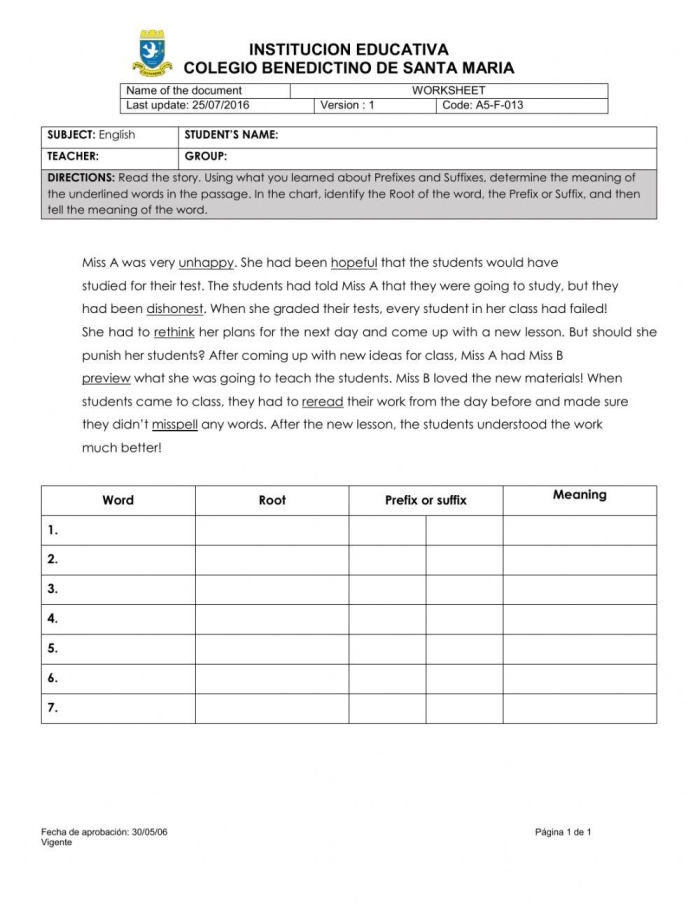 Worksheet for practicing roots, prefixes, and suffixes in phonics for fifth graders