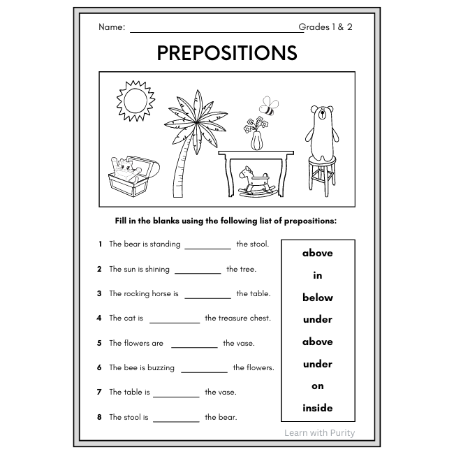 Fifth grade writing worksheet featuring exercises to identify and correct prepositions in sentences
